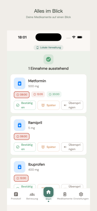 mema-care Home-Screen mit Medikamenten-Übersicht